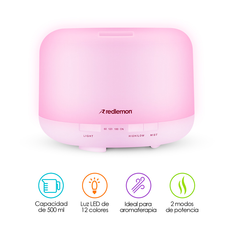 Humidificador y Difusor de Aceites Esenciales Luz LED 12 Colores (500ml) Redlemon