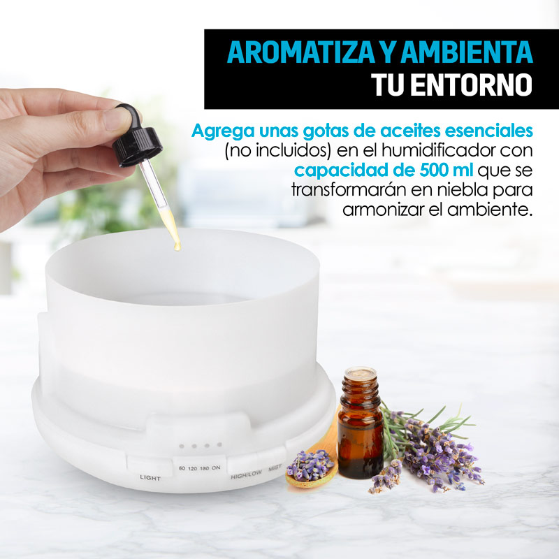 Humidificador y Difusor de Aceites Esenciales Luz LED 12 Colores (500ml) Redlemon