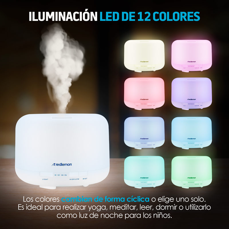 Humidificador y Difusor de Aceites Esenciales Luz LED 12 Colores (500ml) Redlemon