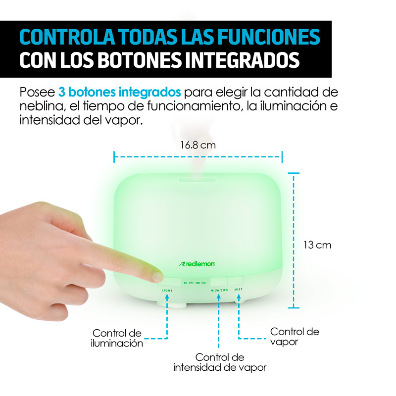 Humidificador y Difusor de Aceites Esenciales Luz LED 12 Colores (500ml) Redlemon
