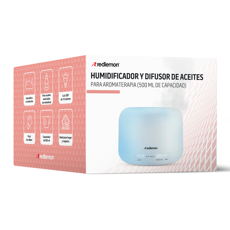 Humidificador y Difusor de Aceites Esenciales Luz LED 12 Colores (500ml) Redlemon