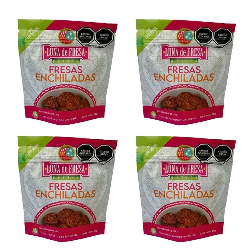 Fresas Cristalizadas con Chile, 4 Bolsas Stand Up, 50g c/u