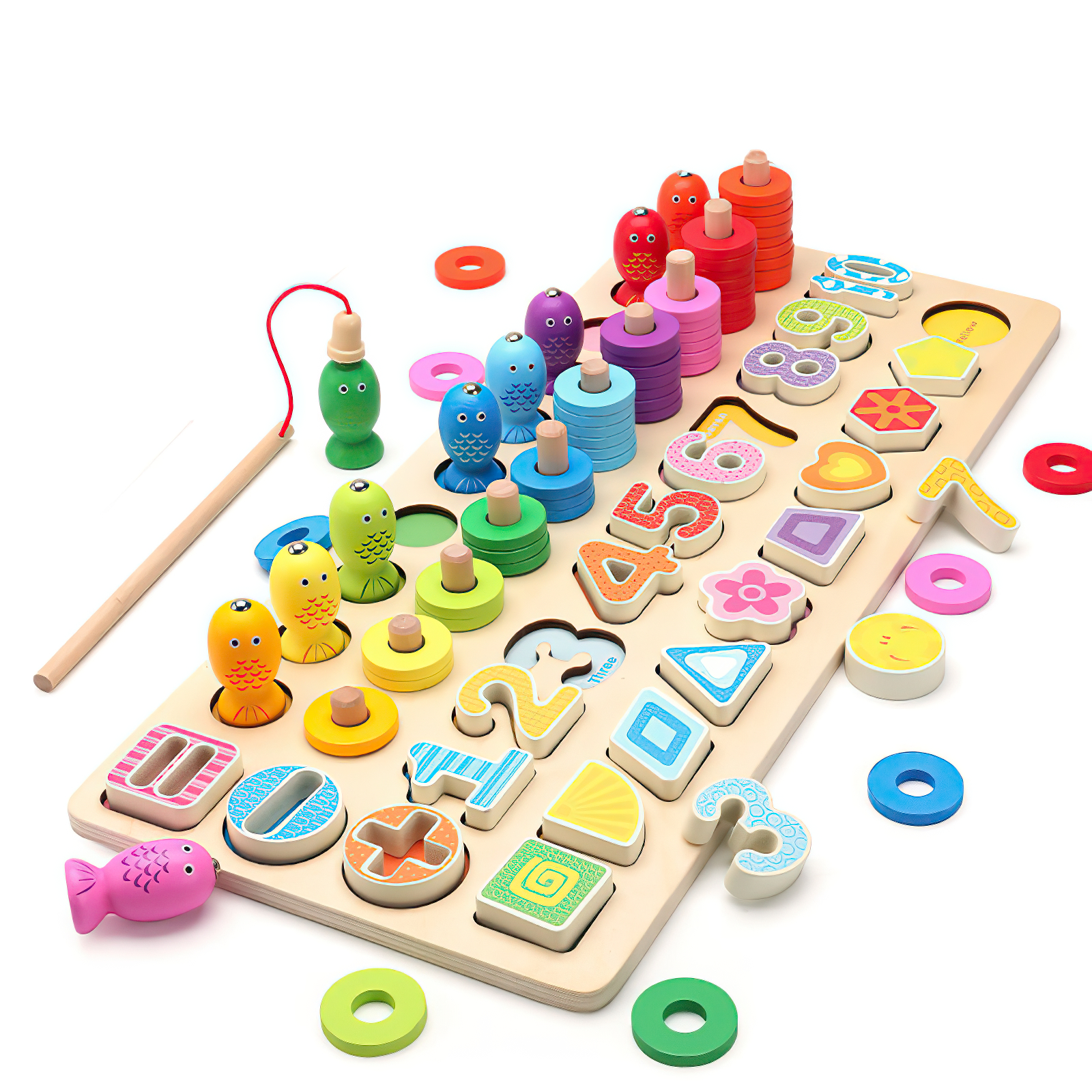 Tablero matemático 5 juegos en 1 con Juego de Pesca magnética, aros, números y formas Yuff!