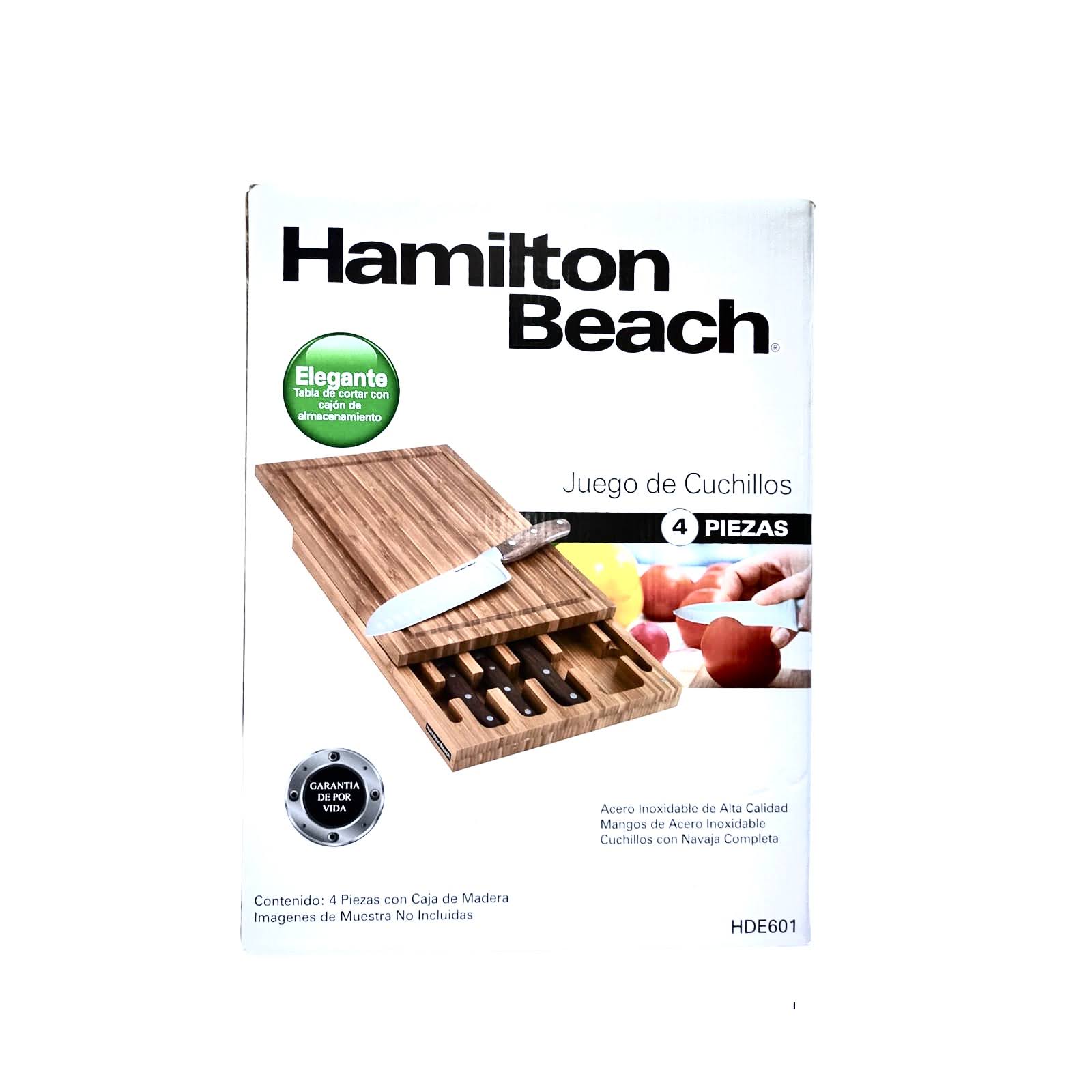 SET DE CUCHILLOS HAMILTON BEACH 4 PIEZAS Y TABLA DE BAMBOO
