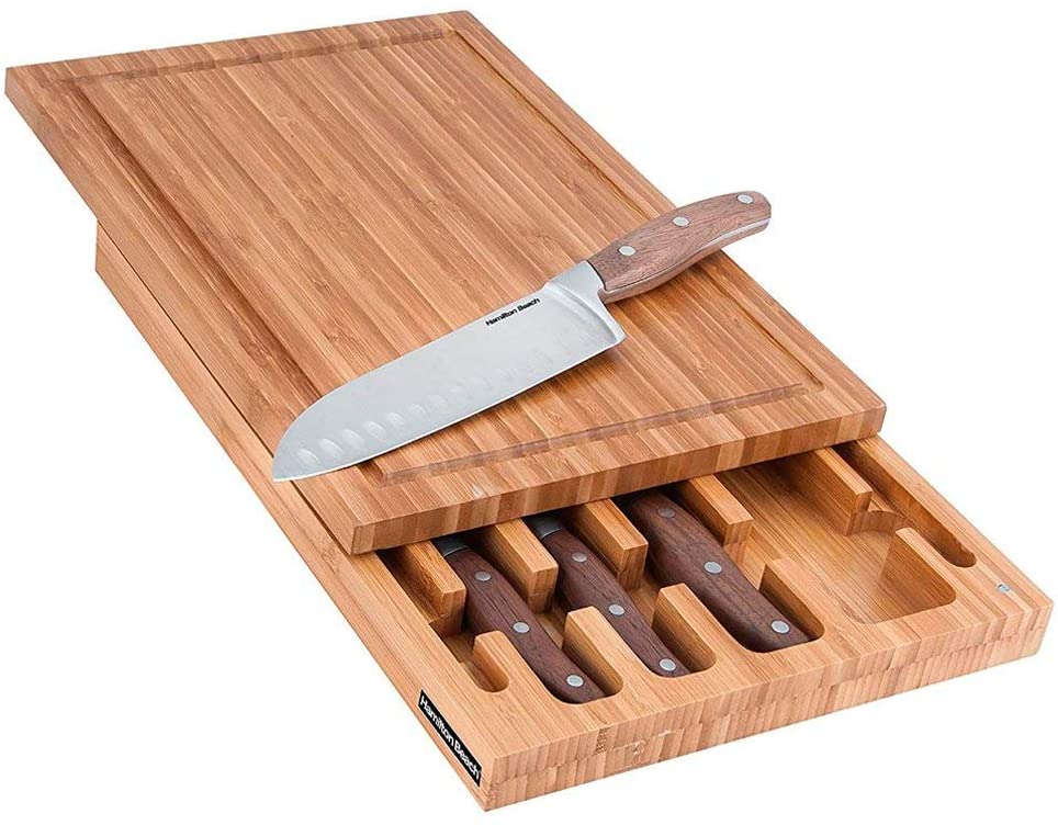 SET DE CUCHILLOS HAMILTON BEACH 4 PIEZAS Y TABLA DE BAMBOO