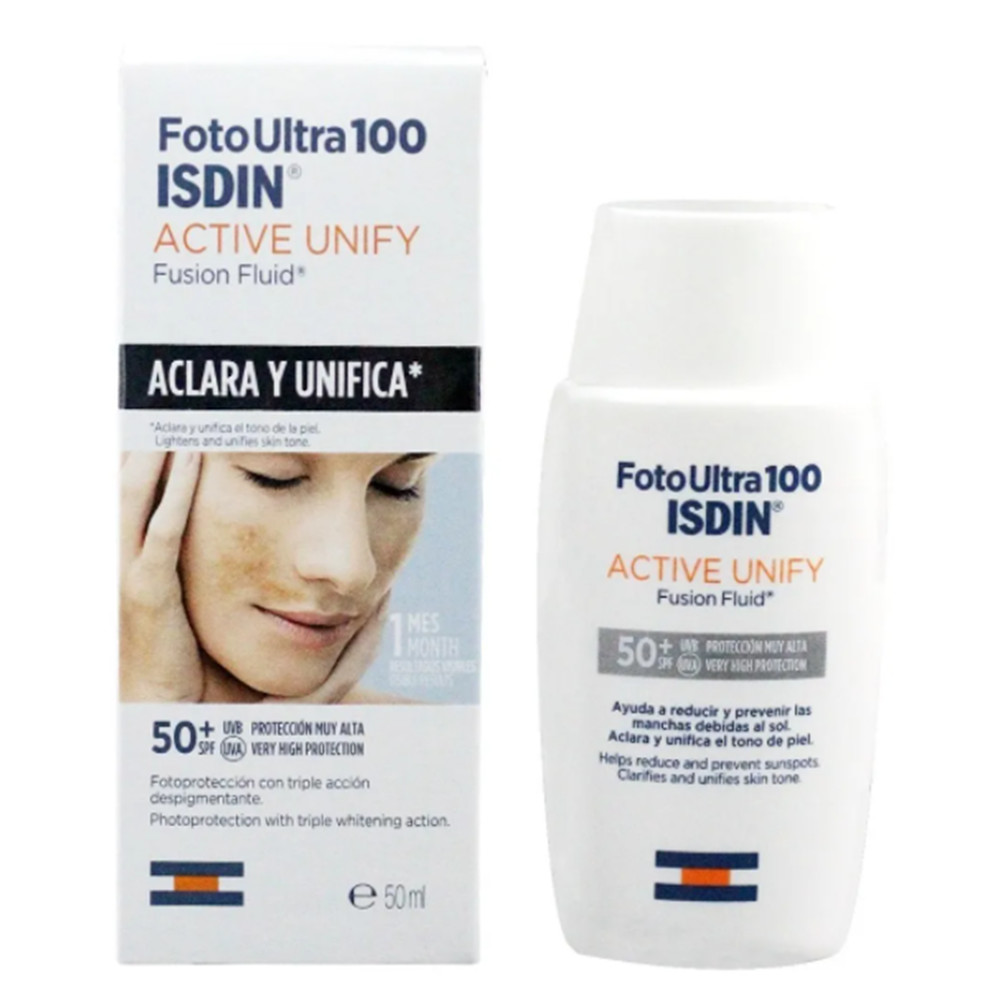 ISDIN FotoUltra 100 Active Unify SPF 50+, Protector Solar Facial con color, Aclara y unifica el tono de piel, 50 ml.