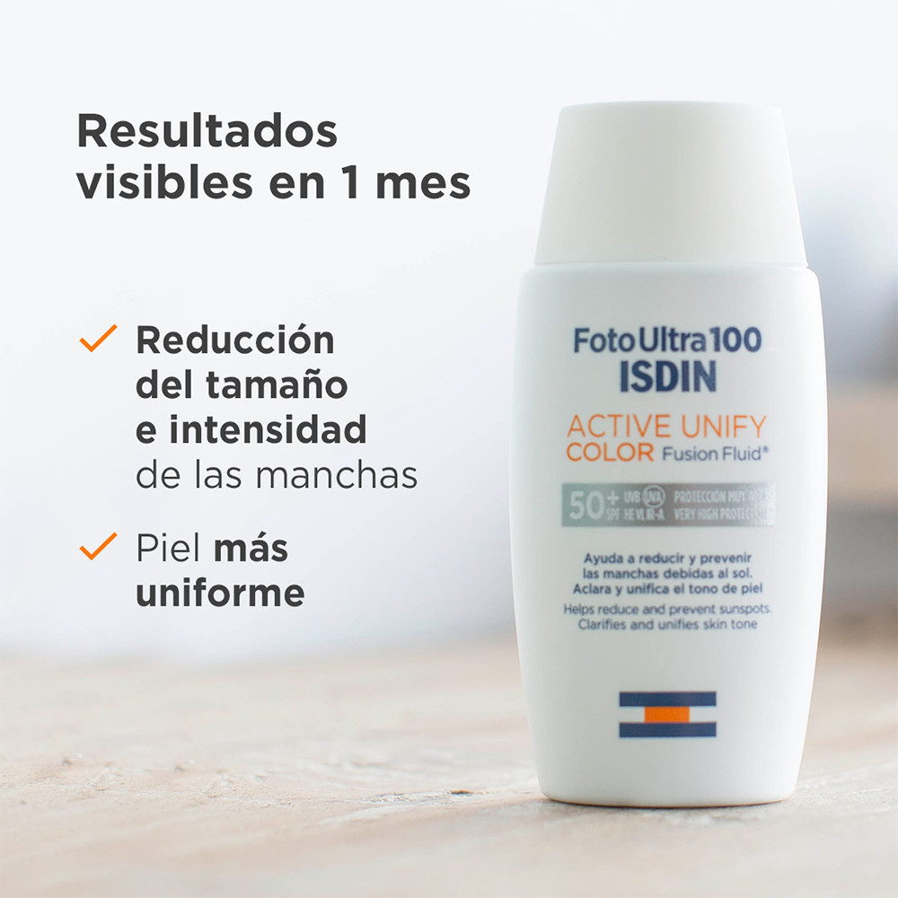 ISDIN FotoUltra 100 Active Unify SPF 50+, Protector Solar Facial con color, Aclara y unifica el tono de piel, 50 ml.