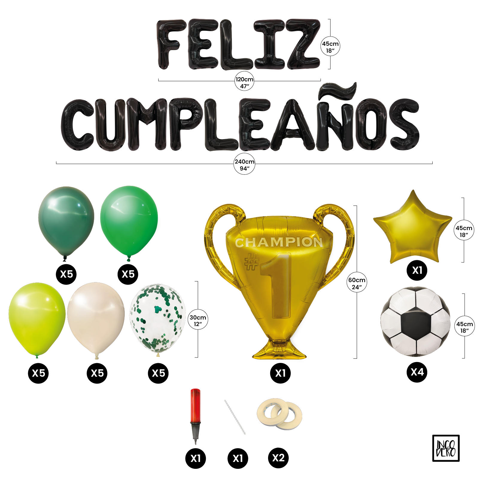 Globos de Cumpleaños Futbol | Kit de 46 piezas de globos metalicos y latex | Facil montaje para fiesta en casa, oficina o exteriores | Happy Birthday en Español | Guia de Decoracion e inflador gratis