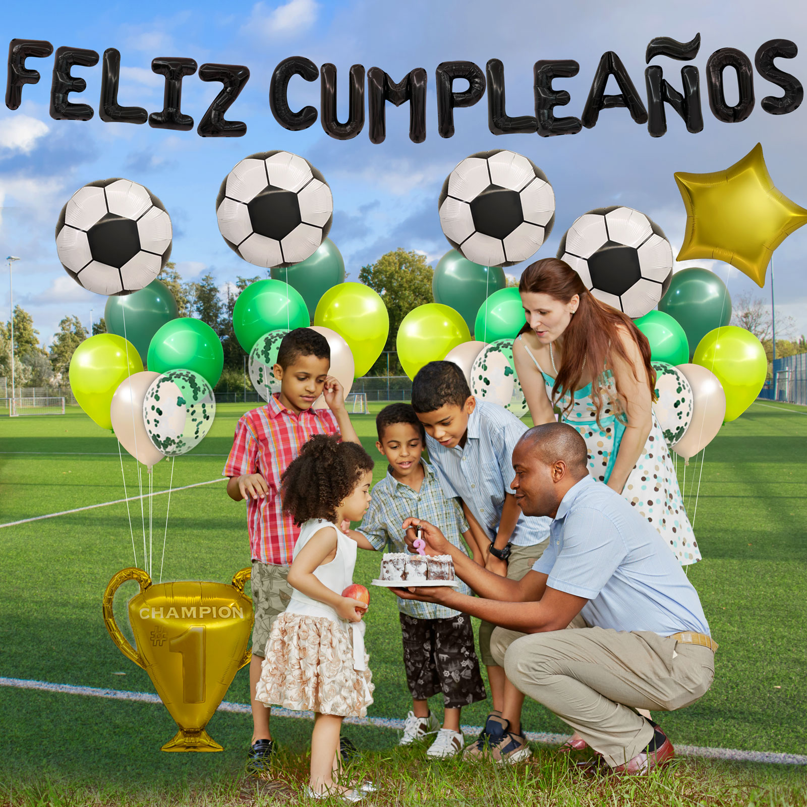 Globos de Cumpleaños Futbol | Kit de 46 piezas de globos metalicos y latex | Facil montaje para fiesta en casa, oficina o exteriores | Happy Birthday en Español | Guia de Decoracion e inflador gratis