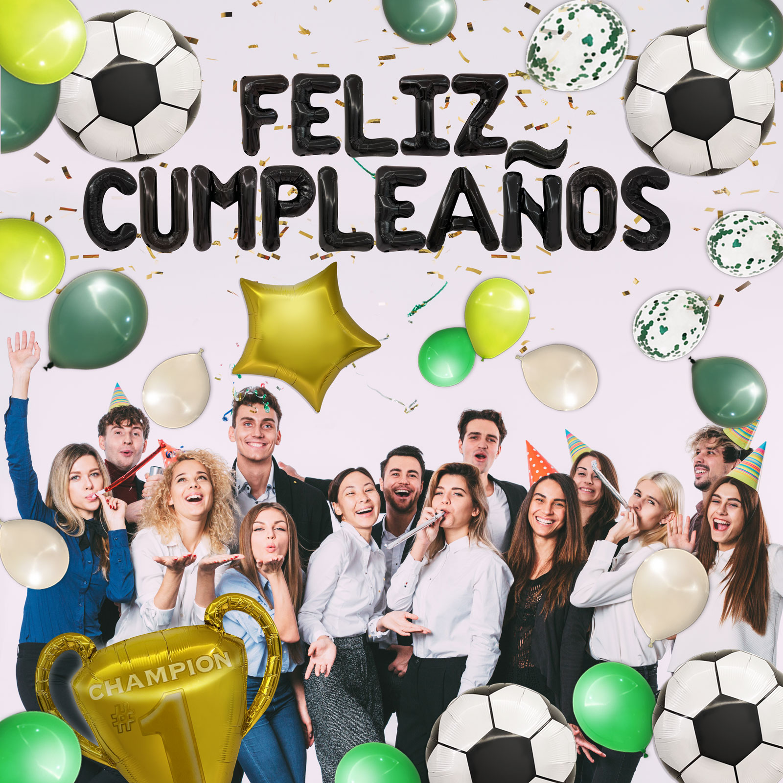 Globos de Cumpleaños Futbol | Kit de 46 piezas de globos metalicos y latex | Facil montaje para fiesta en casa, oficina o exteriores | Happy Birthday en Español | Guia de Decoracion e inflador gratis