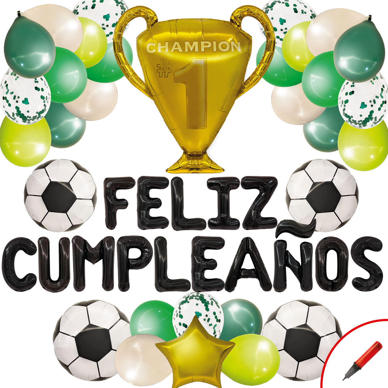 Globos de Cumpleaños Futbol | Kit de 46 piezas de globos metalicos y latex | Facil montaje para fiesta en casa, oficina o exteriores | Happy Birthday en Español | Guia de Decoracion e inflador gratis