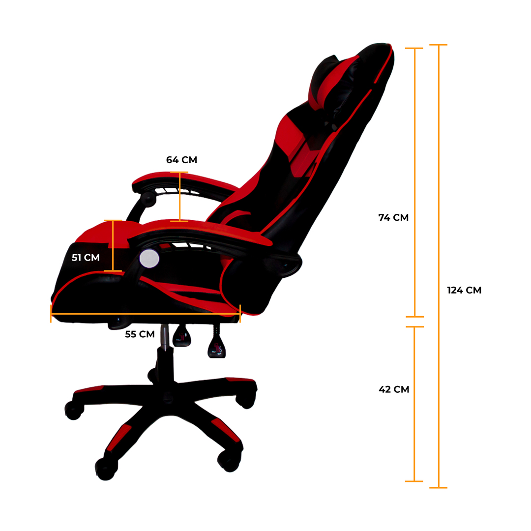 Silla Gamer Reclinable Ergonomica, Cojin Lumbar, Y Cabecera Rojo con Negro