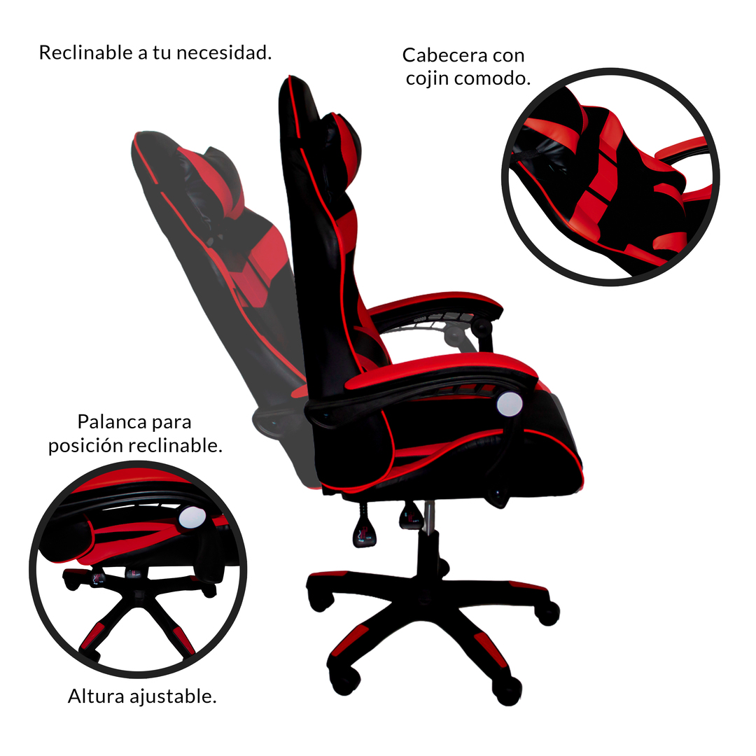 Silla Gamer Reclinable Ergonomica, Cojin Lumbar, Y Cabecera Rojo con Negro