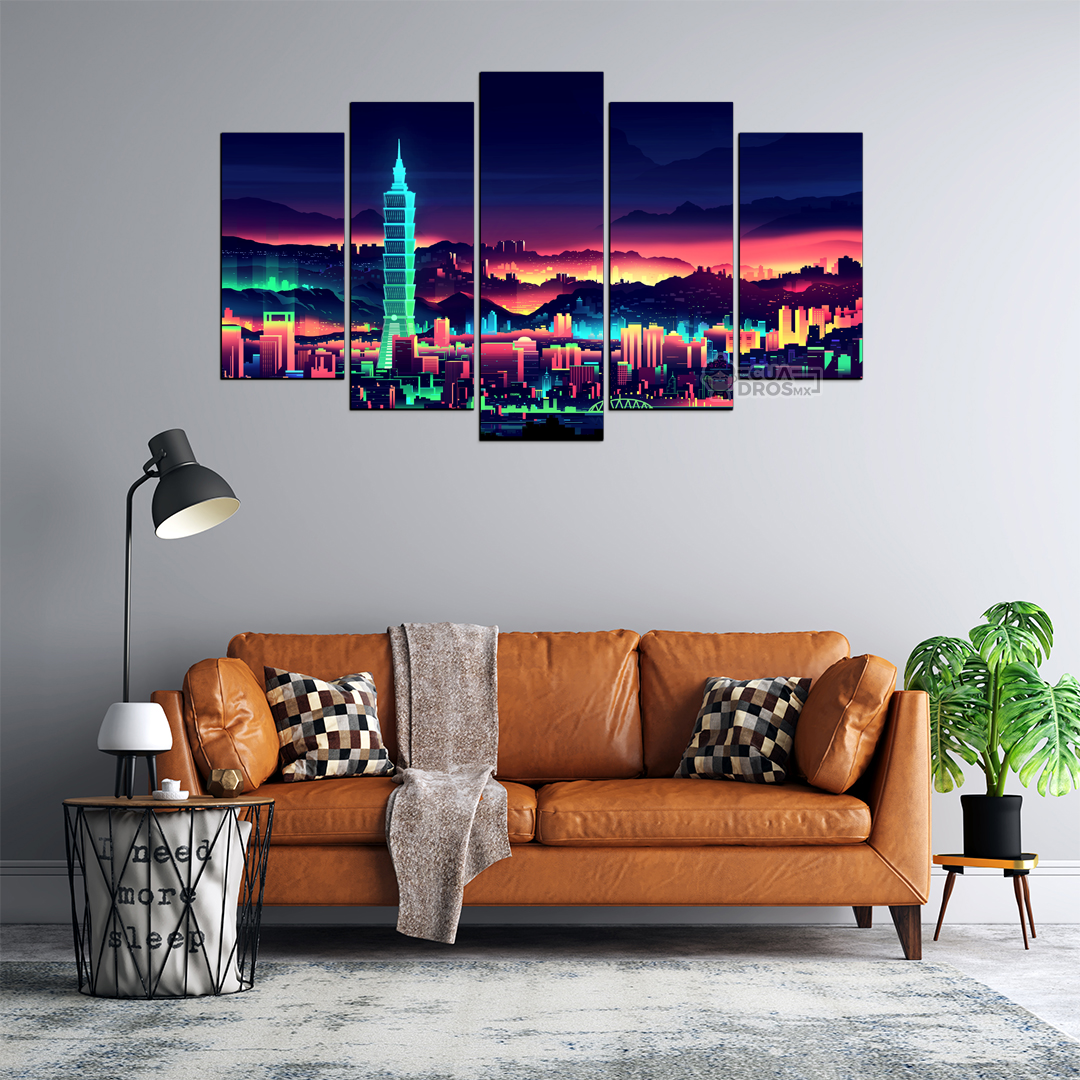 Cuadro Decorativo Taiwan Neon Paisaje 100x60cm 5pzs Cuadros MX