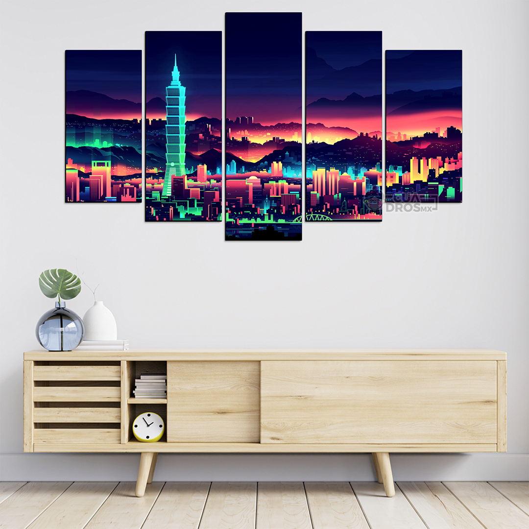 Cuadro Decorativo Taiwan Neon Paisaje 100x60cm 5pzs Cuadros MX