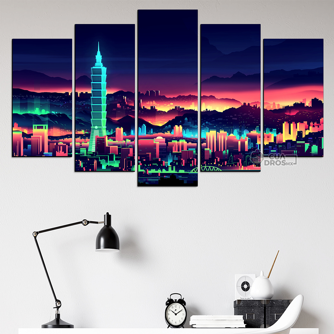 Cuadro Decorativo Taiwan Neon Paisaje 100x60cm 5pzs Cuadros MX