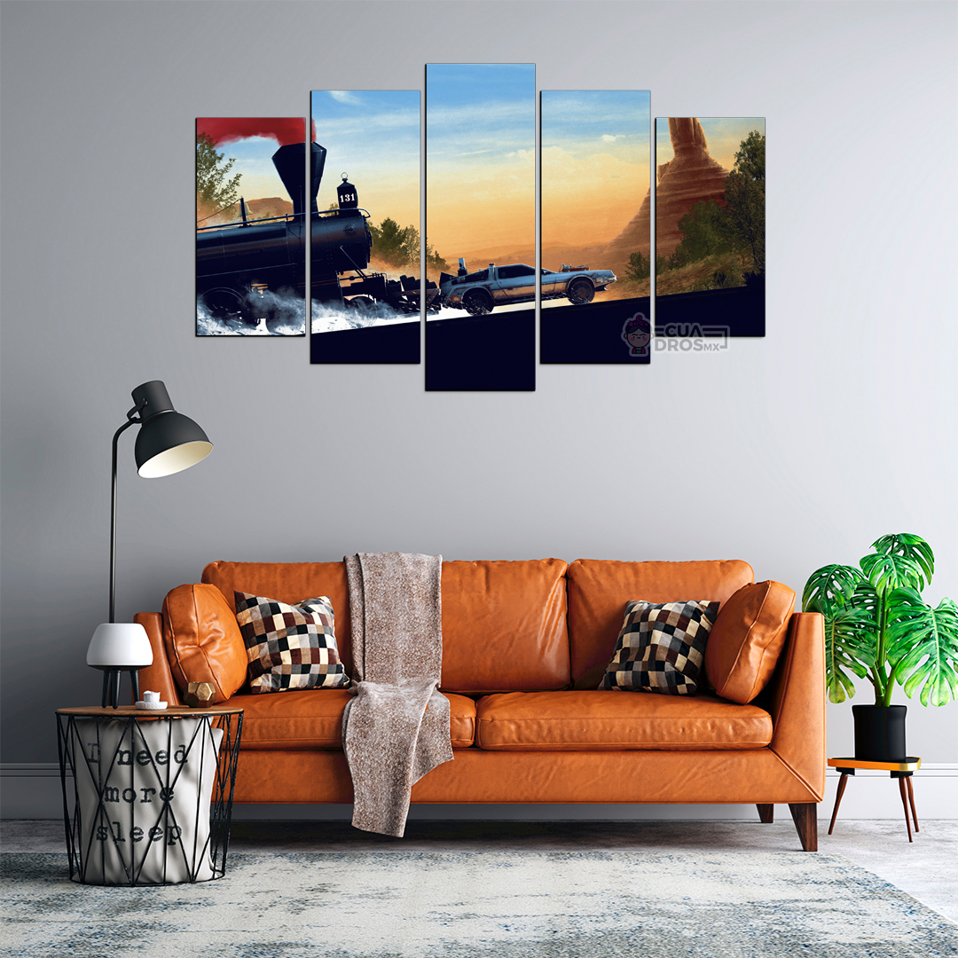 Cuadro Decorativo Volver al Futuro DeLorean Empujado por Tren Cine 100x60cm 5pzs Cuadros MX