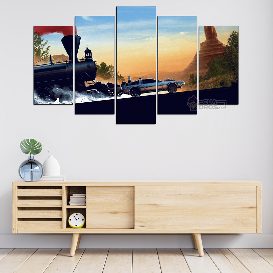 Cuadro Decorativo Volver al Futuro DeLorean Empujado por Tren Cine 100x60cm 5pzs Cuadros MX