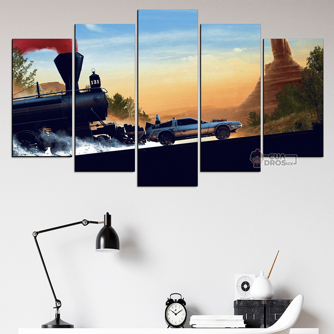 Cuadro Decorativo Volver al Futuro DeLorean Empujado por Tren Cine 100x60cm 5pzs Cuadros MX