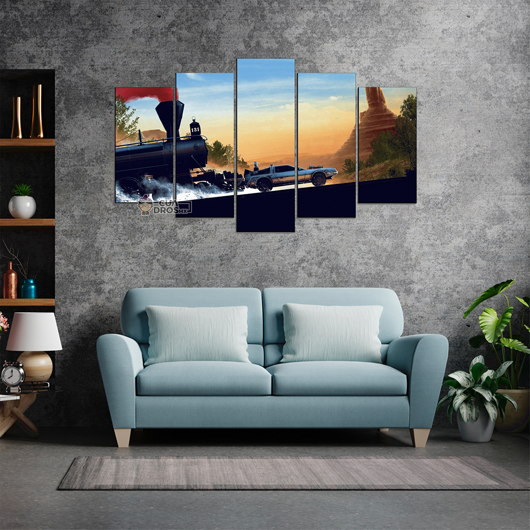 Cuadro Decorativo Volver al Futuro DeLorean Empujado por Tren Cine 100x60cm 5pzs Cuadros MX