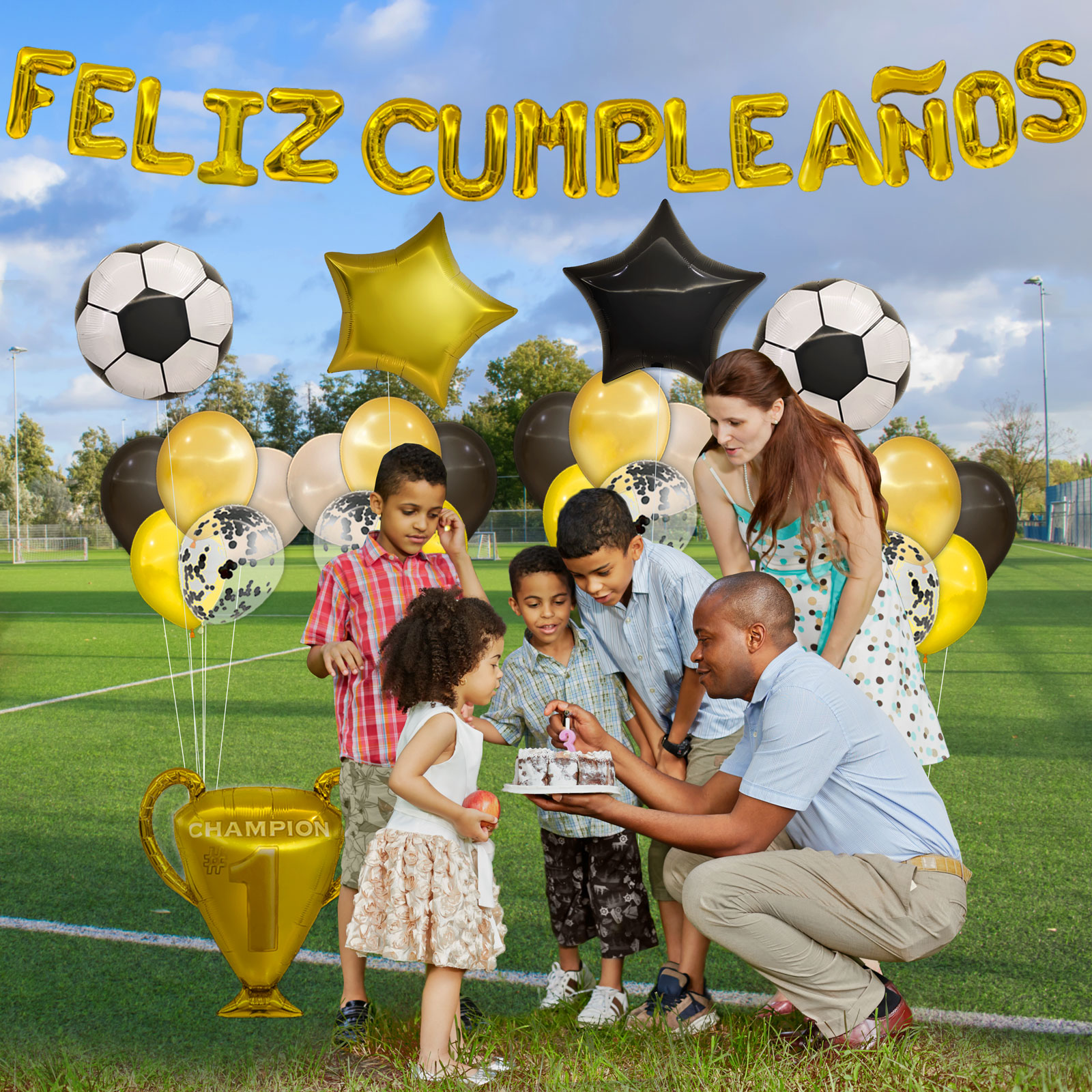 Globos de Cumpleaños Futbol Negro y Dorado | Kit de 45 piezas de globos metalicos y latex | Facil montaje para fiesta en casa, oficina o exteriores | Happy Birthday | Guia de Decoracion e inflador