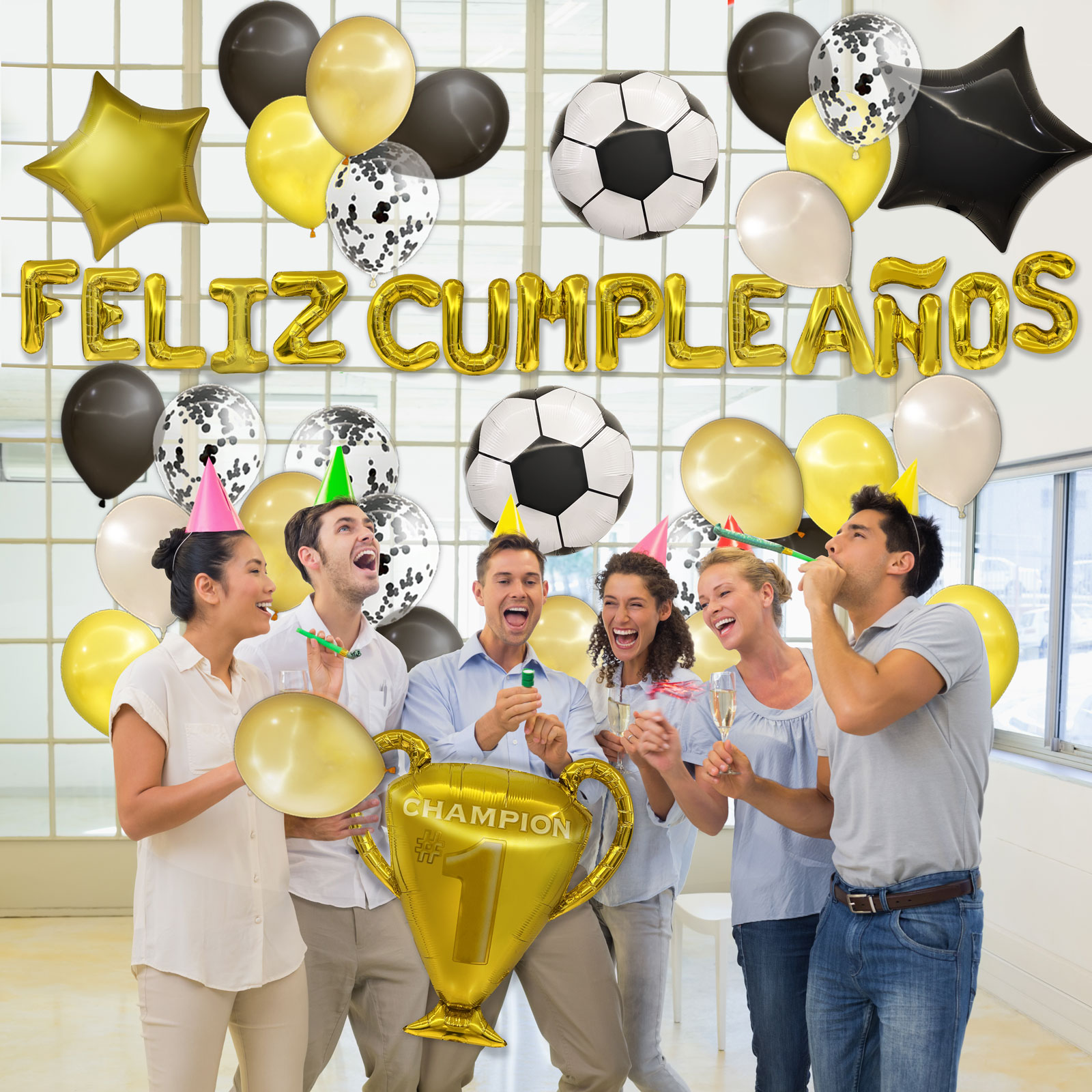 Globos de Cumpleaños Futbol Negro y Dorado | Kit de 45 piezas de globos metalicos y latex | Facil montaje para fiesta en casa, oficina o exteriores | Happy Birthday | Guia de Decoracion e inflador