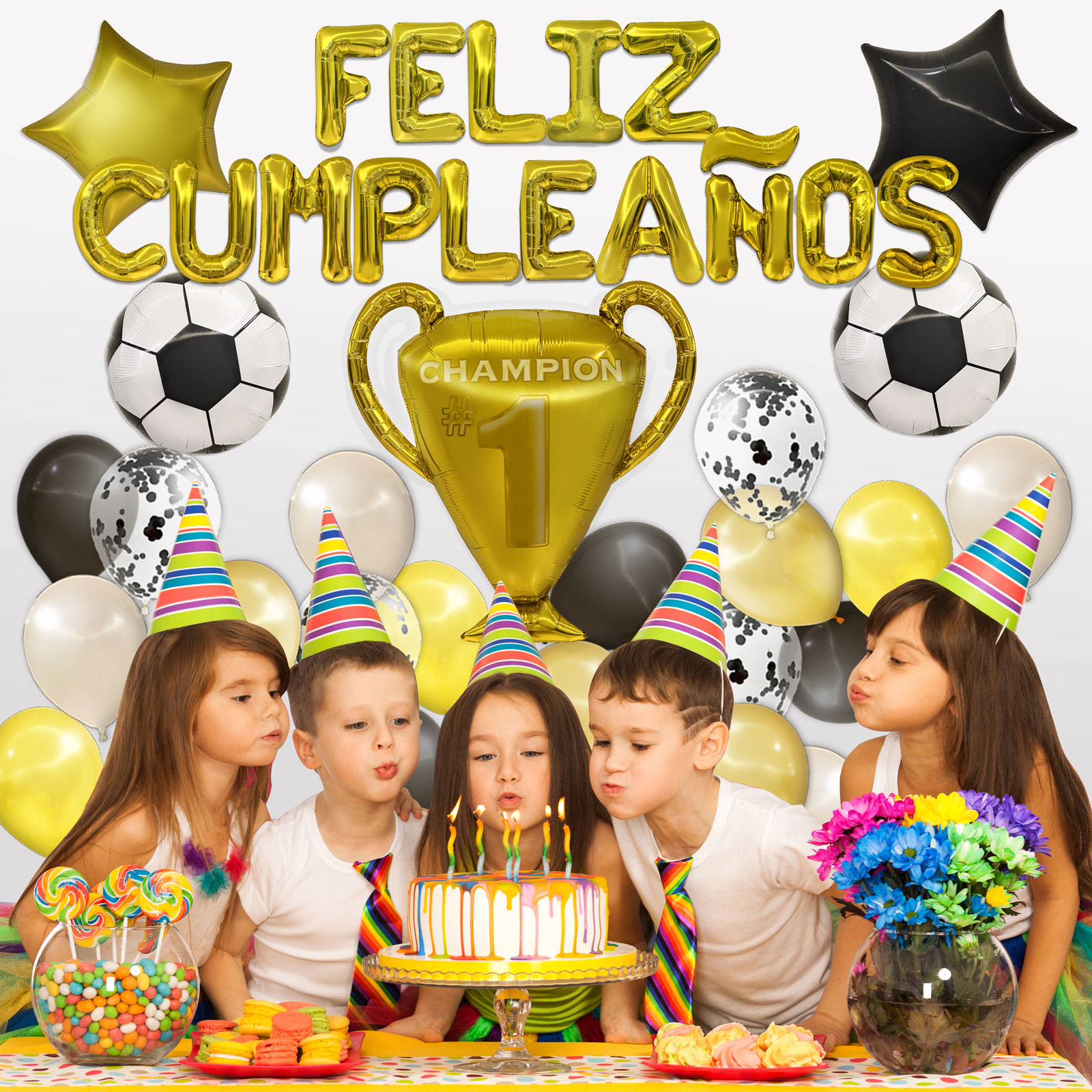 Globos de Cumpleaños Futbol Negro y Dorado | Kit de 45 piezas de globos metalicos y latex | Facil montaje para fiesta en casa, oficina o exteriores | Happy Birthday | Guia de Decoracion e inflador