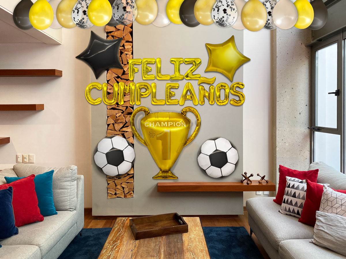 Globos de Cumpleaños Futbol Negro y Dorado | Kit de 45 piezas de globos metalicos y latex | Facil montaje para fiesta en casa, oficina o exteriores | Happy Birthday | Guia de Decoracion e inflador