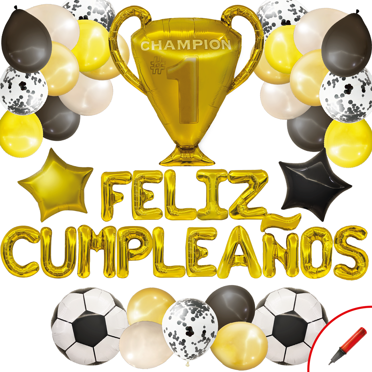 Globos de Cumpleaños Futbol Negro y Dorado | Kit de 45 piezas de globos metalicos y latex | Facil montaje para fiesta en casa, oficina o exteriores | Happy Birthday | Guia de Decoracion e inflador