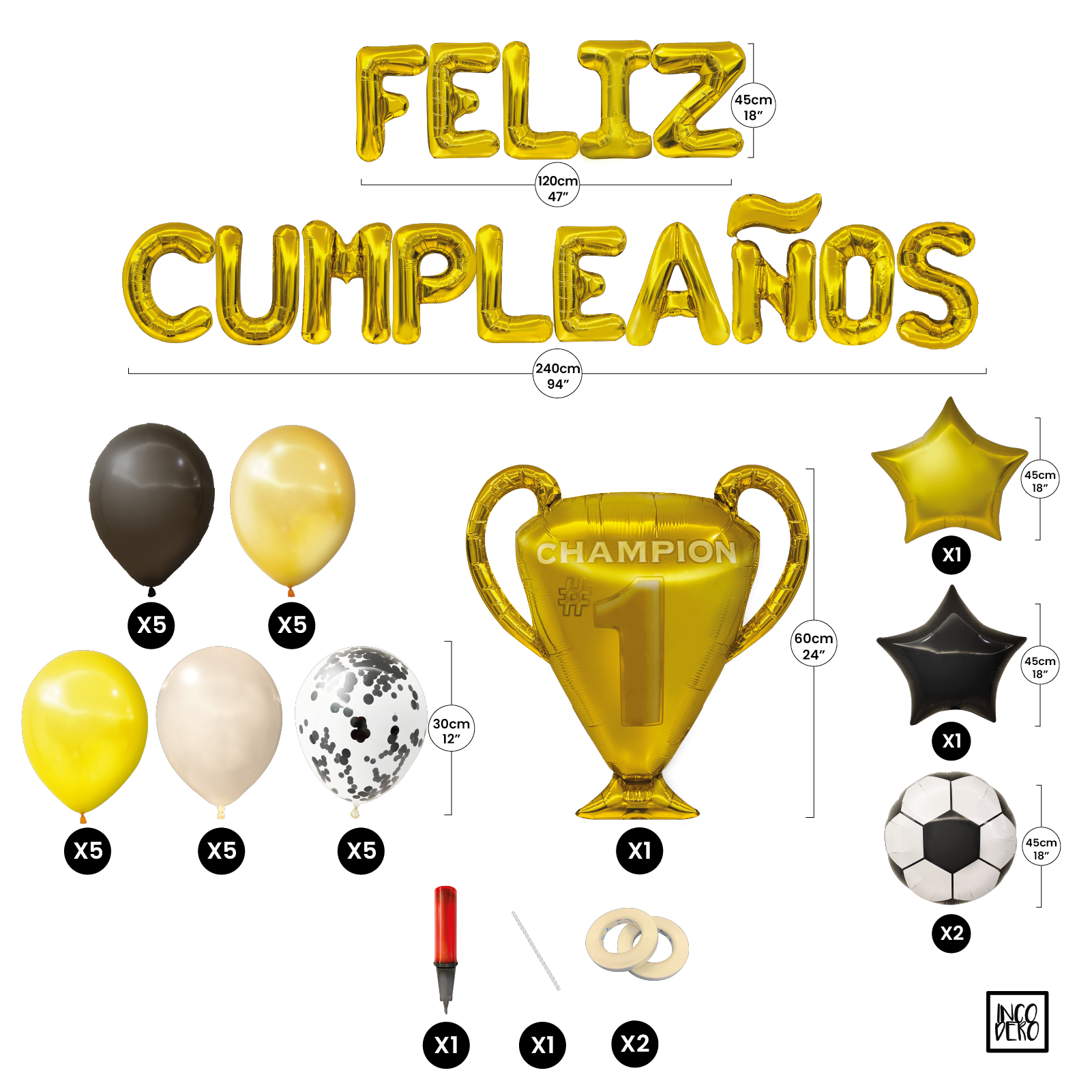 Globos de Cumpleaños Futbol Negro y Dorado | Kit de 45 piezas de globos metalicos y latex | Facil montaje para fiesta en casa, oficina o exteriores | Happy Birthday | Guia de Decoracion e inflador