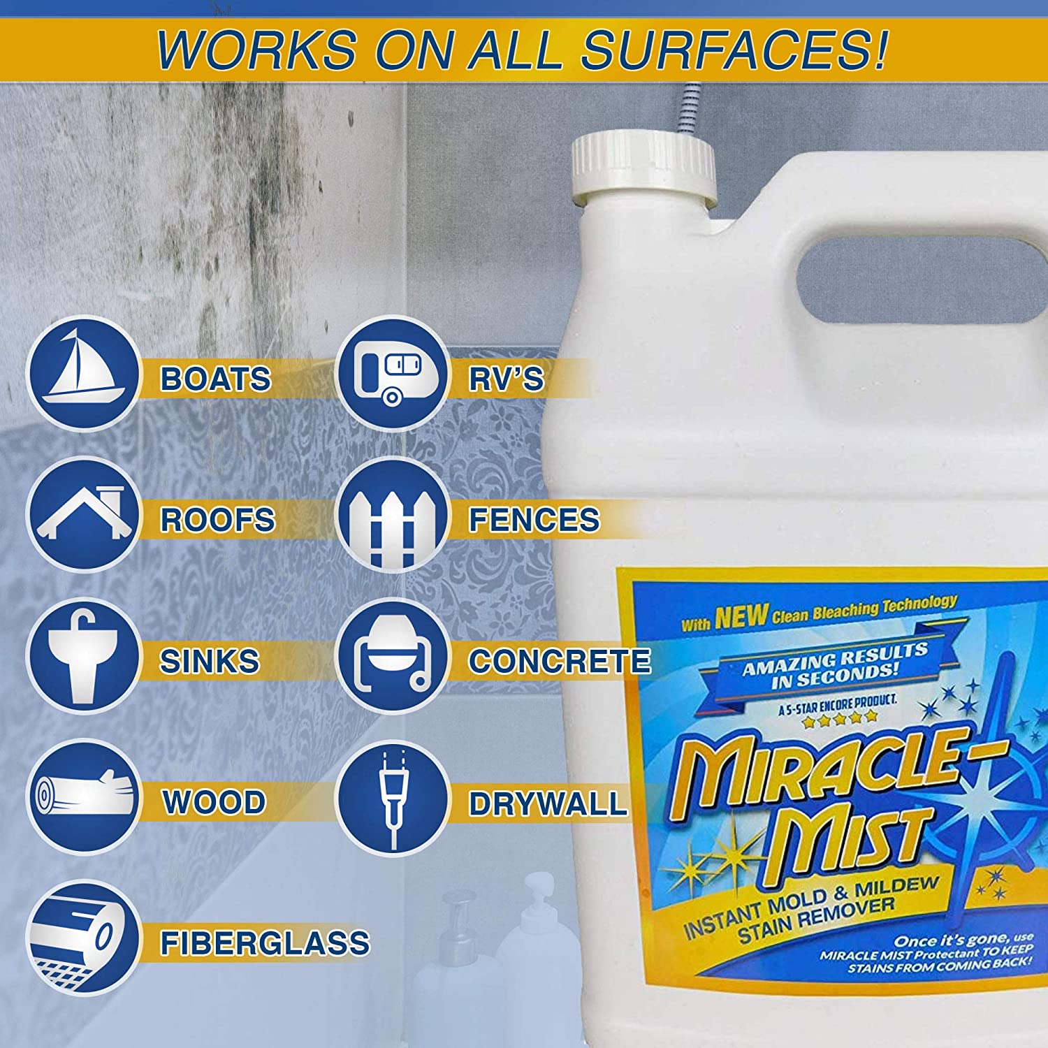 Limpiador  instantáneo de manchas de moho , para uso en interiores y exteriores, baño de larga duración, cubierta, hormigón, vinilo, limpiador de azulejos, 1 galón