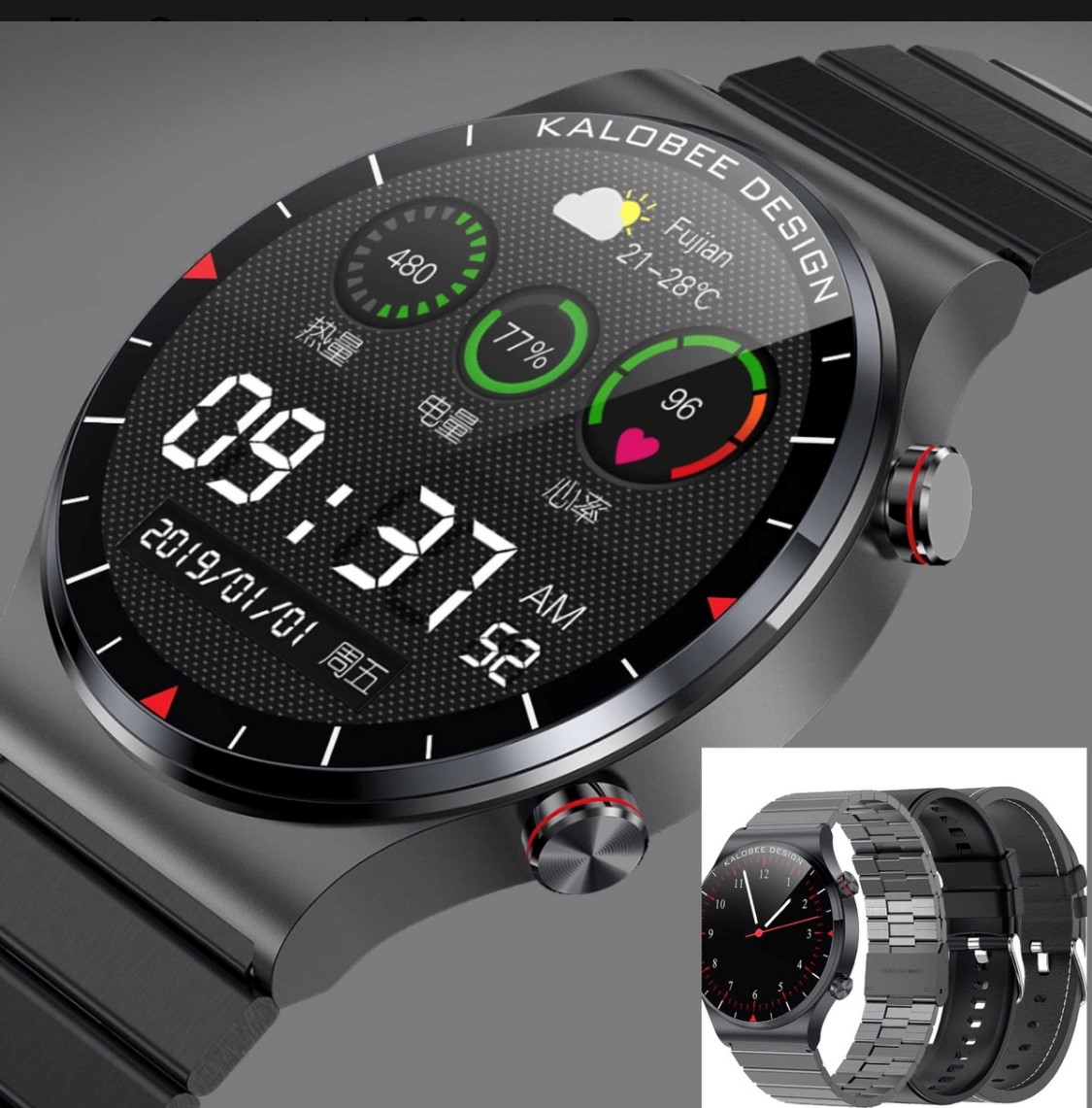 Fino Smartwatch para caballero, Oximetro, Salud, ejercicio, Llamadas, Notificaciones con 3 correas para iPhone y Android