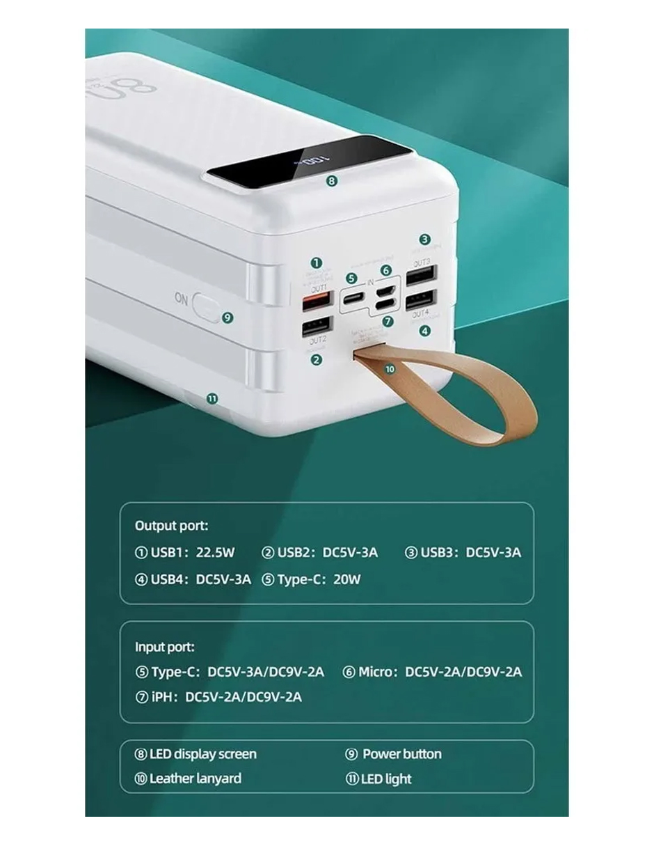 Remax Power Bank Batería Portátil Con Luz Cargador 80000mah