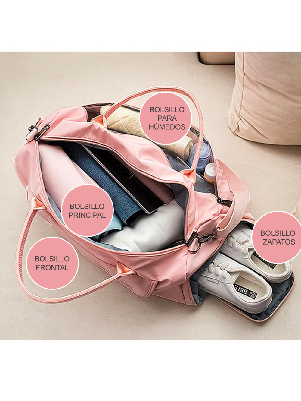 Bberizos| Bolso Deportivo con Compartimento para Tenis Maleta para Gimnasio con Bolso para Húmedo/Seco Petaca de Viajes con Correa de Hombro Equipaje de Mano para Avión con Bolsillo Zapatos Rosa