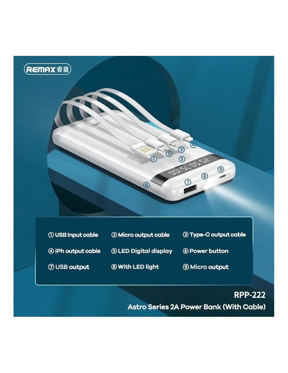Remax Power Bank Batería Cargador Portátil Cable 10000mah RPP-222