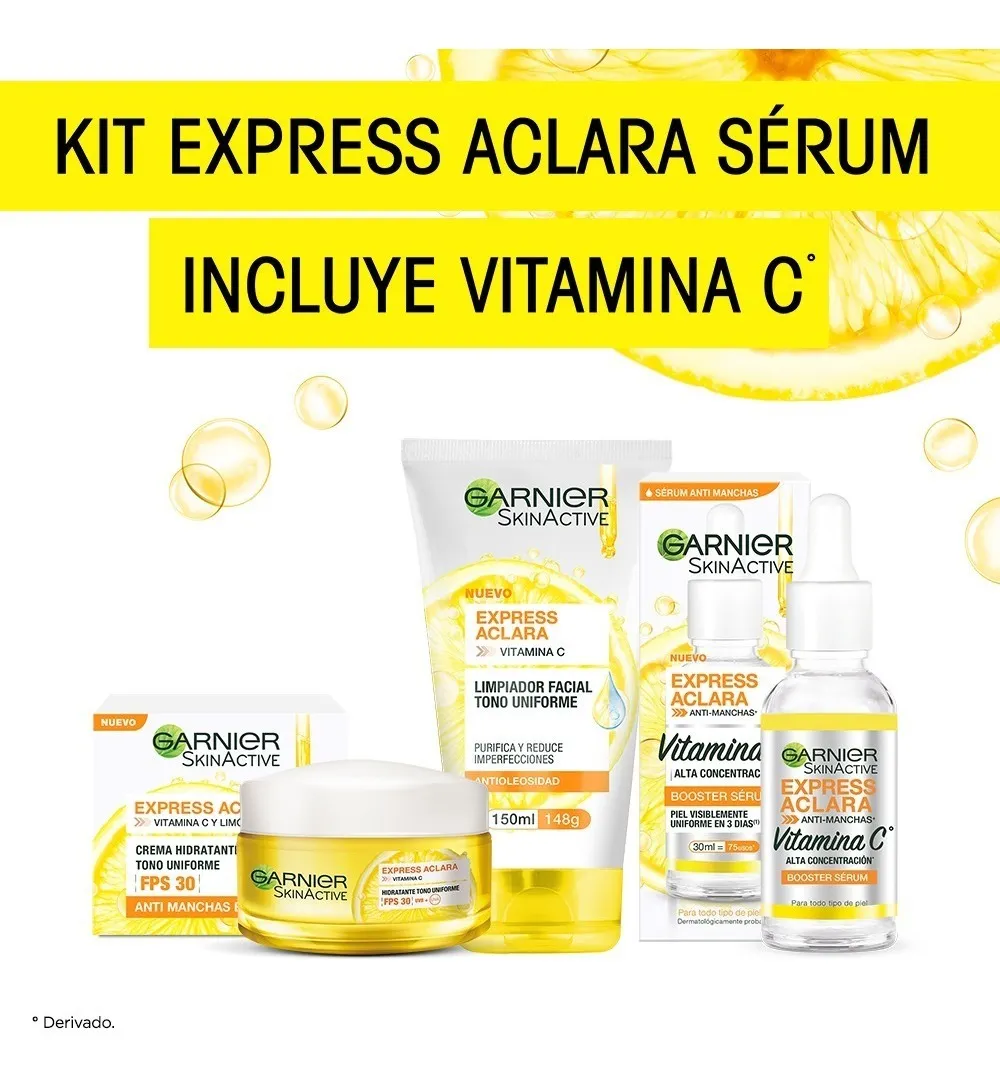 Kit Garnier Express Aclara: Serum, Crema, Gel Con Vitamina C