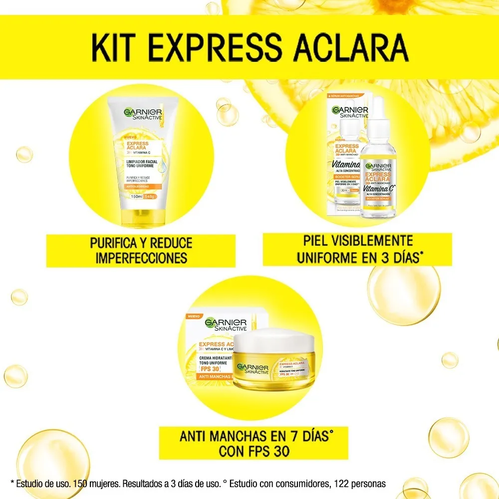 Kit Garnier Express Aclara: Serum, Crema, Gel Con Vitamina C