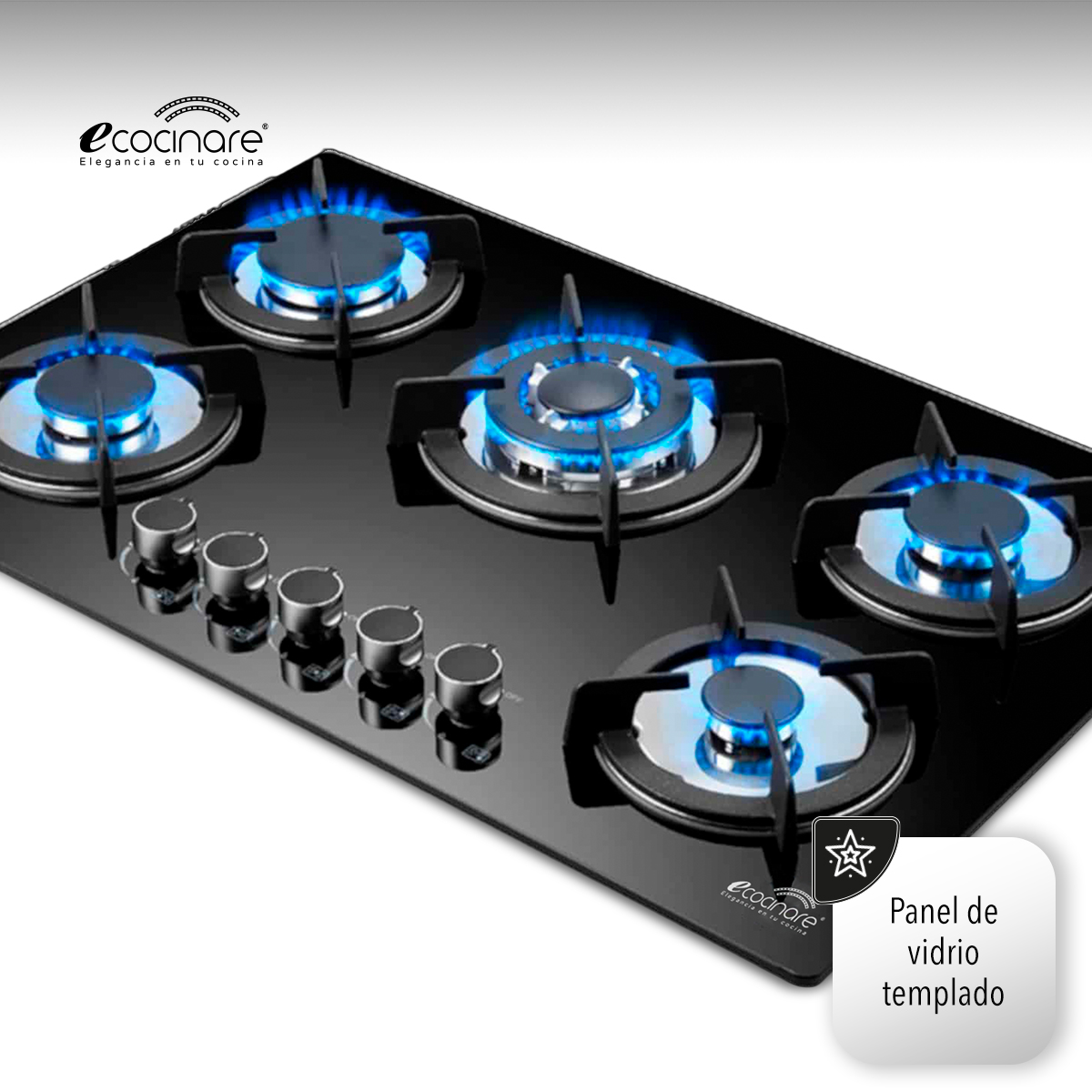 ESTUFA PARRILLA EMPOTRABLE DE 5 QUEMADORES DE CRISTAL TEMPLADO / ENCENDIDO ELECTRONICO / SOPORTES DE HIERRO FUNDIDO / COMPATIBLE CON GAS LP Y GAS NATURAL