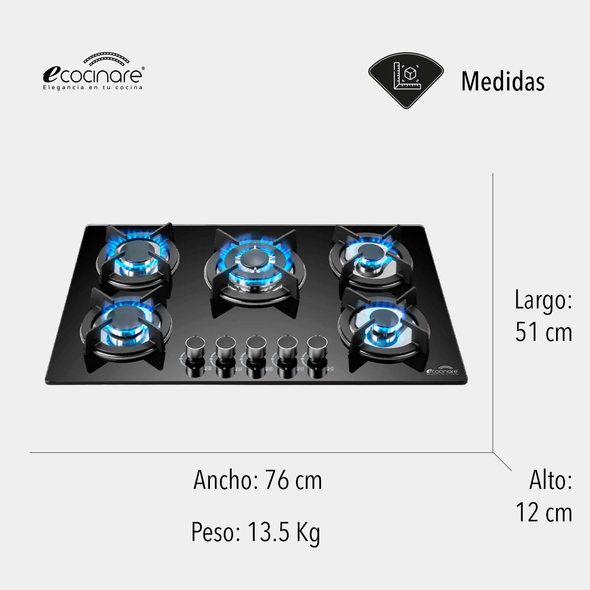 ESTUFA PARRILLA EMPOTRABLE DE 5 QUEMADORES DE CRISTAL TEMPLADO / ENCENDIDO ELECTRONICO / SOPORTES DE HIERRO FUNDIDO / COMPATIBLE CON GAS LP Y GAS NATURAL