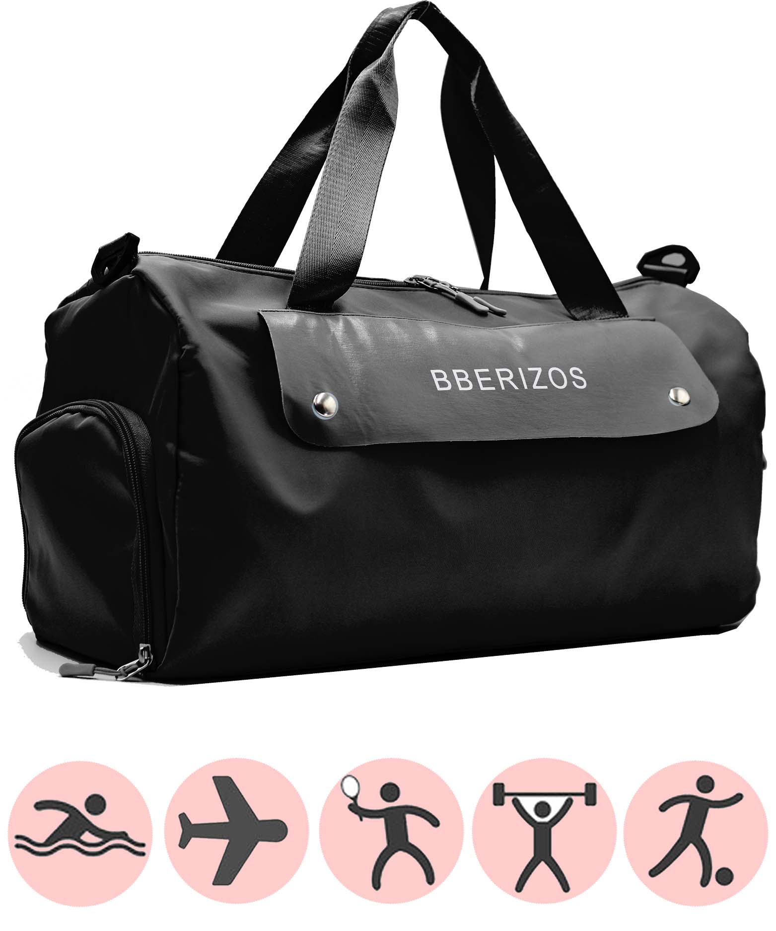 Bberizos| Bolso Deportivo con Compartimento para Tenis Maleta para Gimnasio con Bolso para Húmedo/Seco Petaca de Viajes con Correa de Hombro Equipaje de Mano para Avión con Bolsillo Zapatos Negra