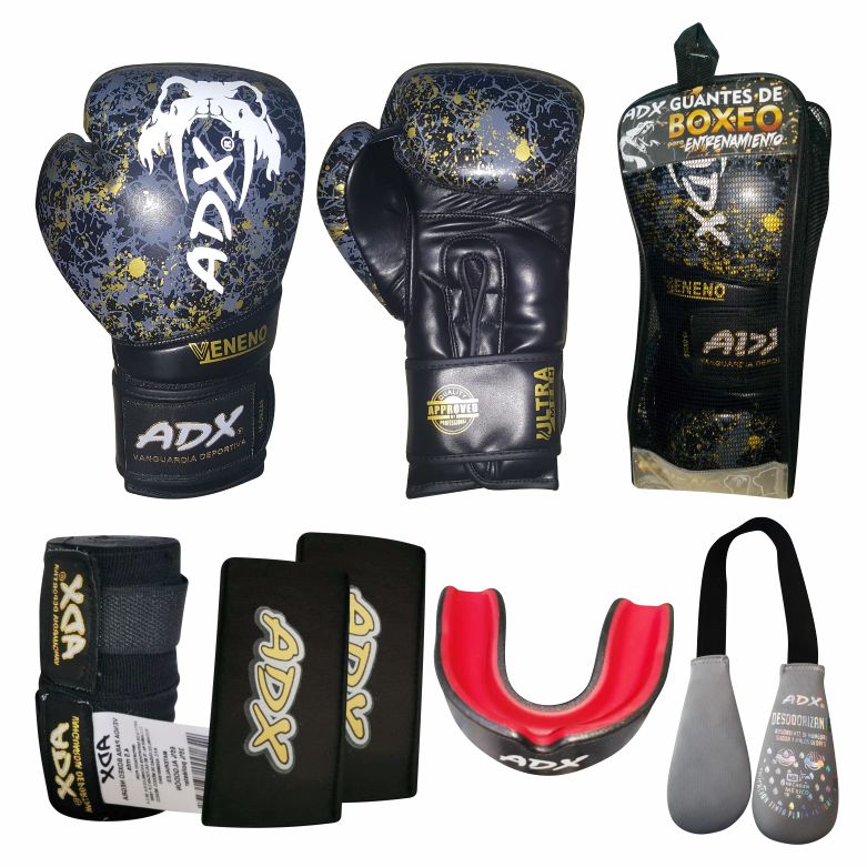 Guantes de Box ADX Mod Veneno Con Proteccion en Muñeca Relleno Inyectado PU + Complementos