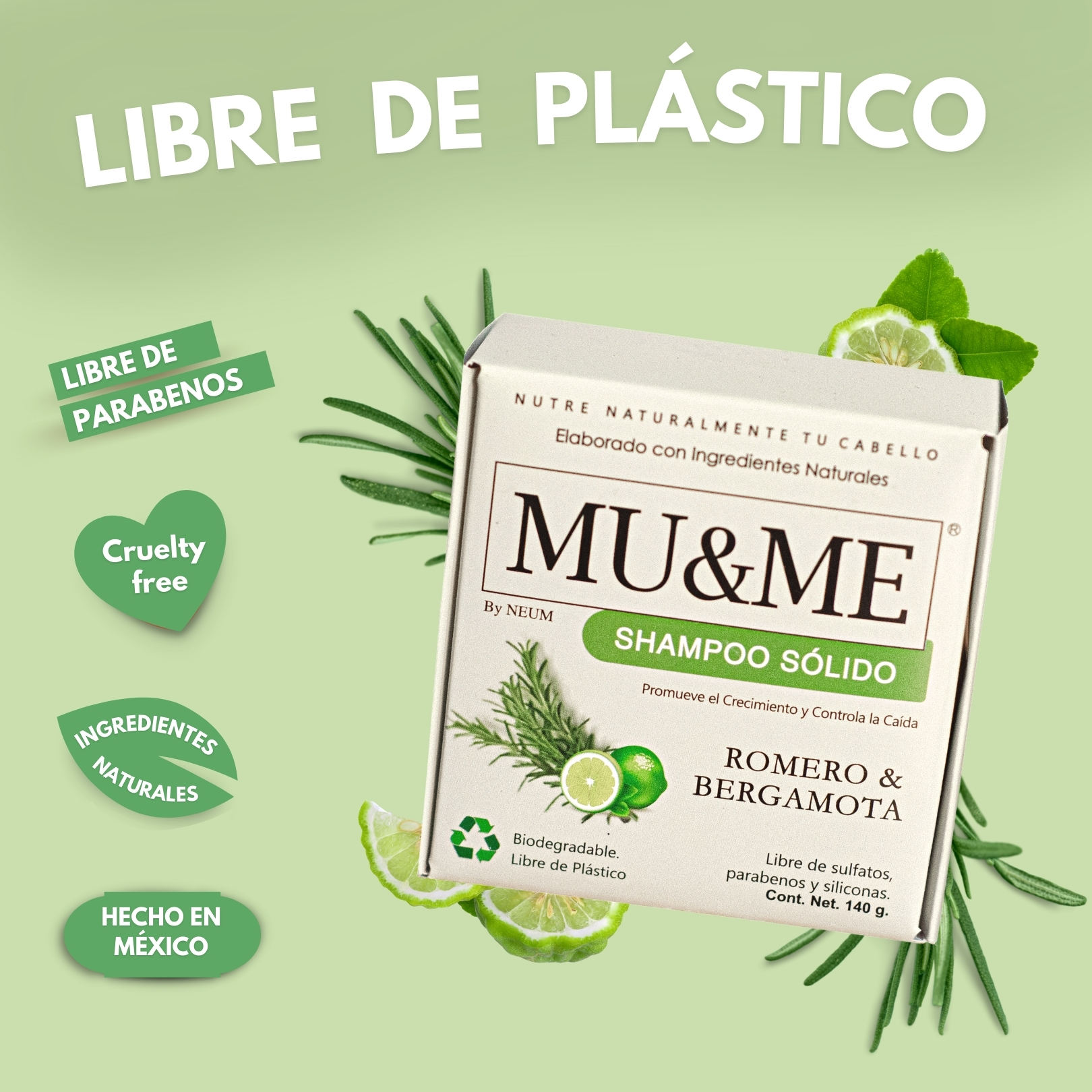 MUYME | Shampoo Sólido Romero & Bergamota 140 gr | Crecimiento y Control Caída | Con Acondicionador 2 en 1