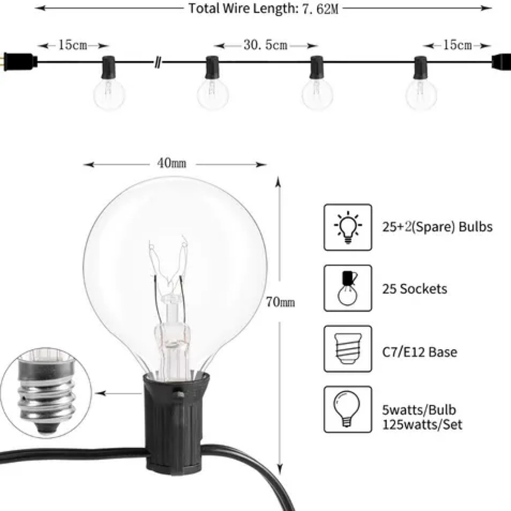 Guirnalda De Luces 25 Focos De Exterior Vintage Impermeable