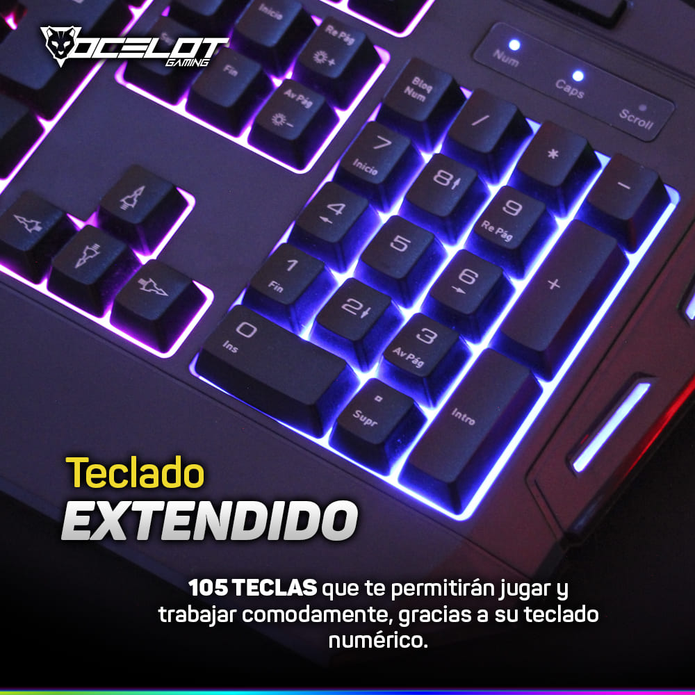 Teclado Ocelot Gaming OGEK03, de Membrana, USB, RGB, Negro.