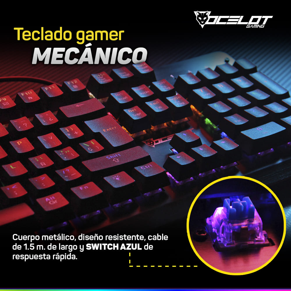 Teclado Ocelot Gaming OGMK01, Mecánico, USB, RGB, Negro.