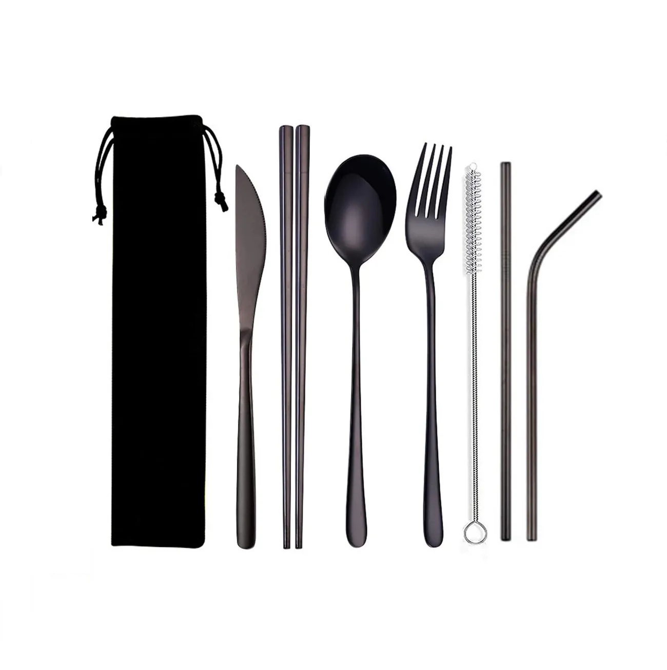 Set Cubiertos Portátiles Acero Inoxidable 7pz Con Bolsa Negro