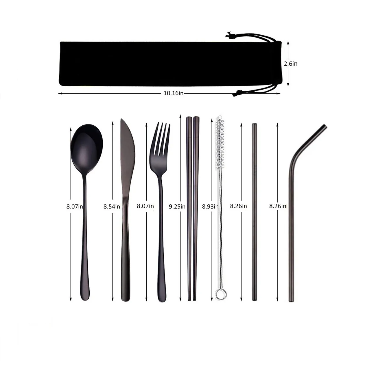 Set Cubiertos Portátiles Acero Inoxidable 7pz Con Bolsa Negro