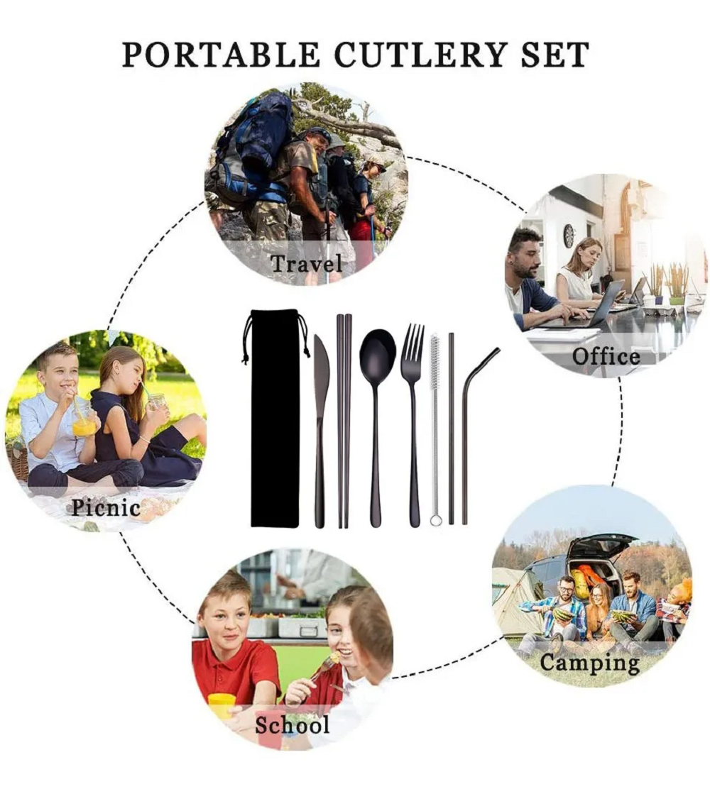 Set Cubiertos Portátiles Acero Inoxidable 7pz Con Bolsa Negro