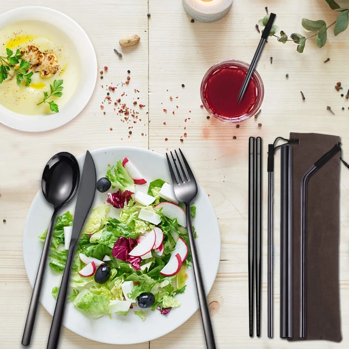 Set Cubiertos Portátiles Acero Inoxidable 7pz Con Bolsa Negro