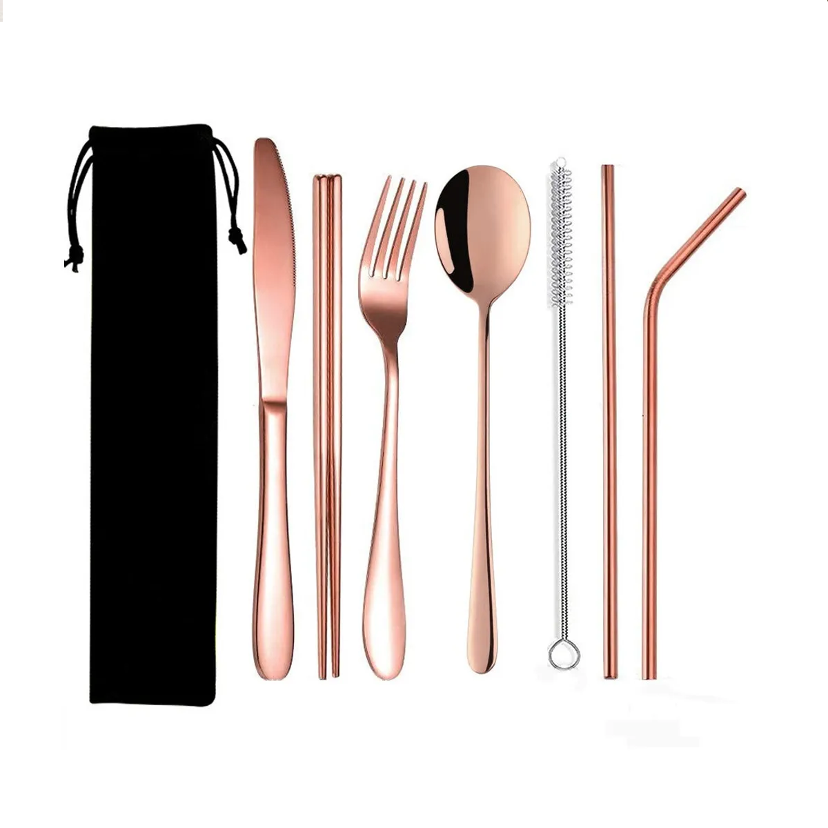 Set Cubiertos Portátiles Acero Inoxidable 7pz Con Bolsa Rosa